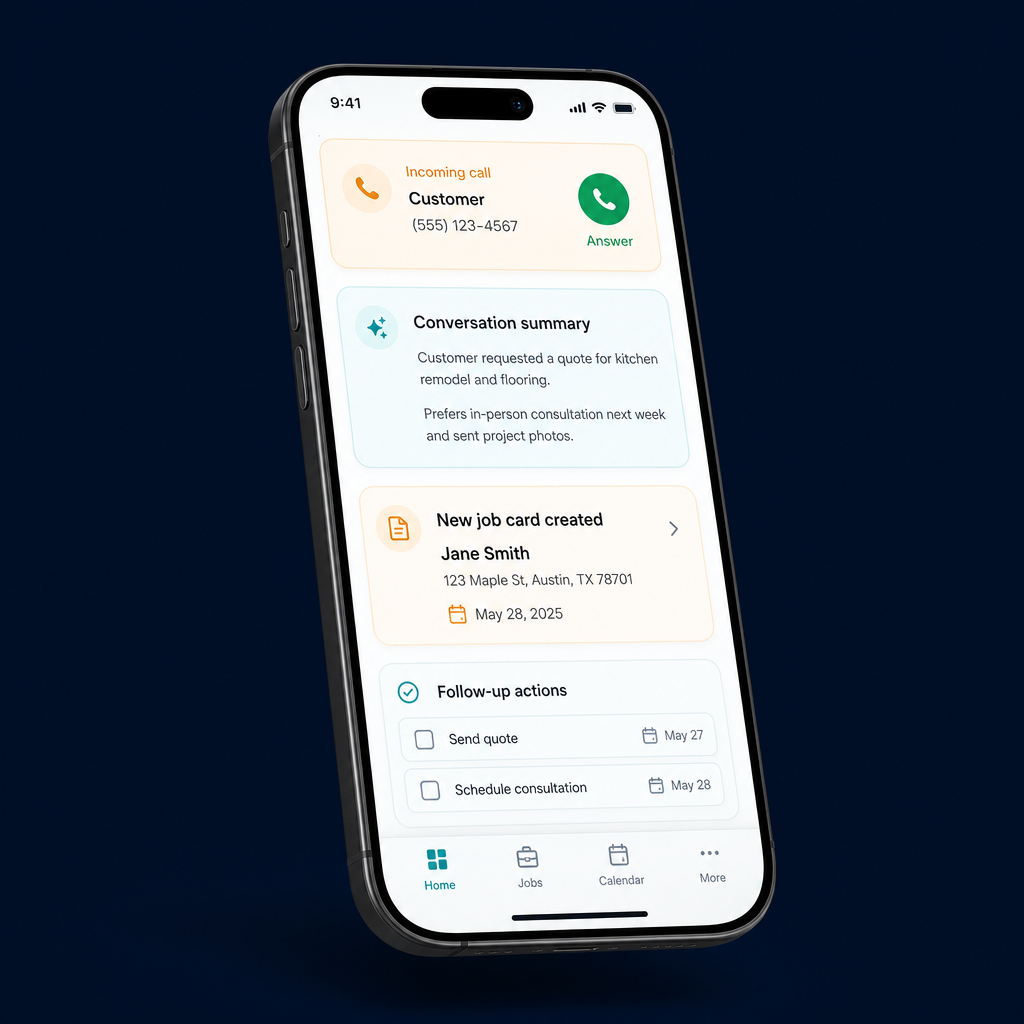 Max & Mia mobile app showing an incoming customer call, conversation summary, a new job card and follow-up actions